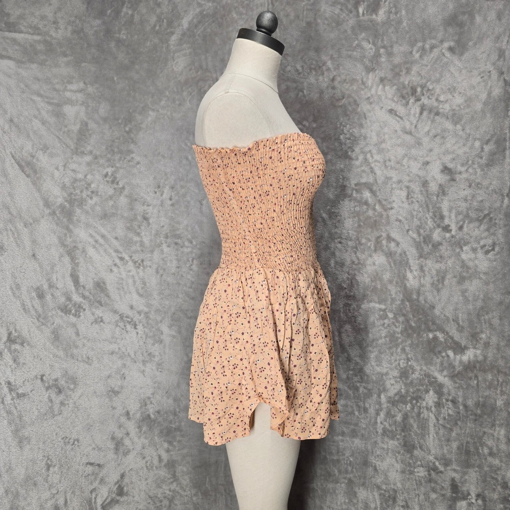 Blue Life Romper Womens S Peach Floral Smocked Strapless Boho Cottage Dainty - Picture 10 of 14